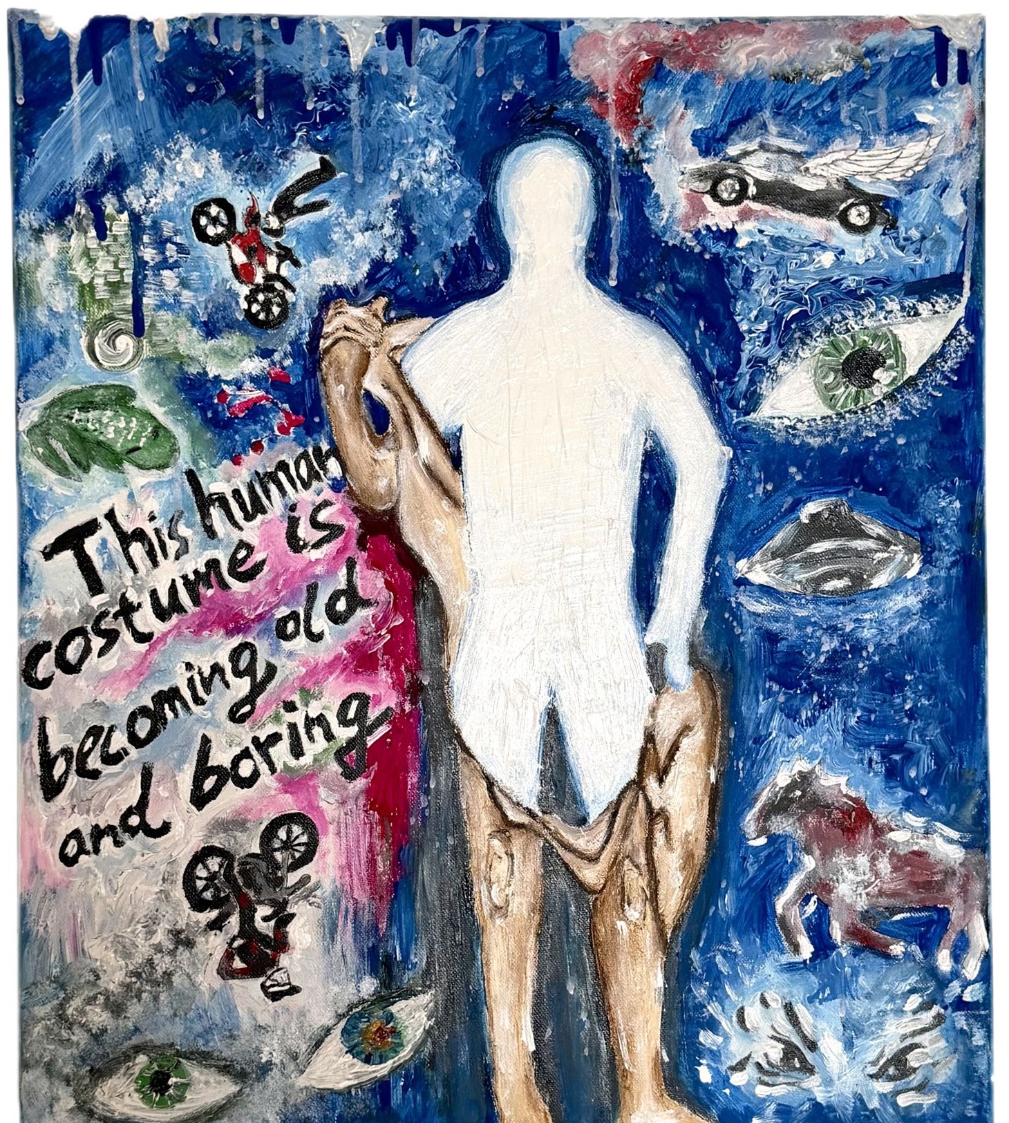 Final Form: a figure peeling off its skin on a deep blue ground.